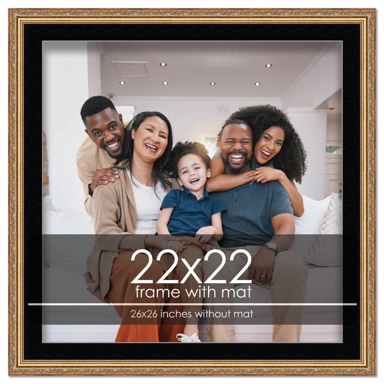 Antique Gold Frame with Black Photo Mat, UV Acrylic Front, Foam Board Backing, 60 Sizes Available